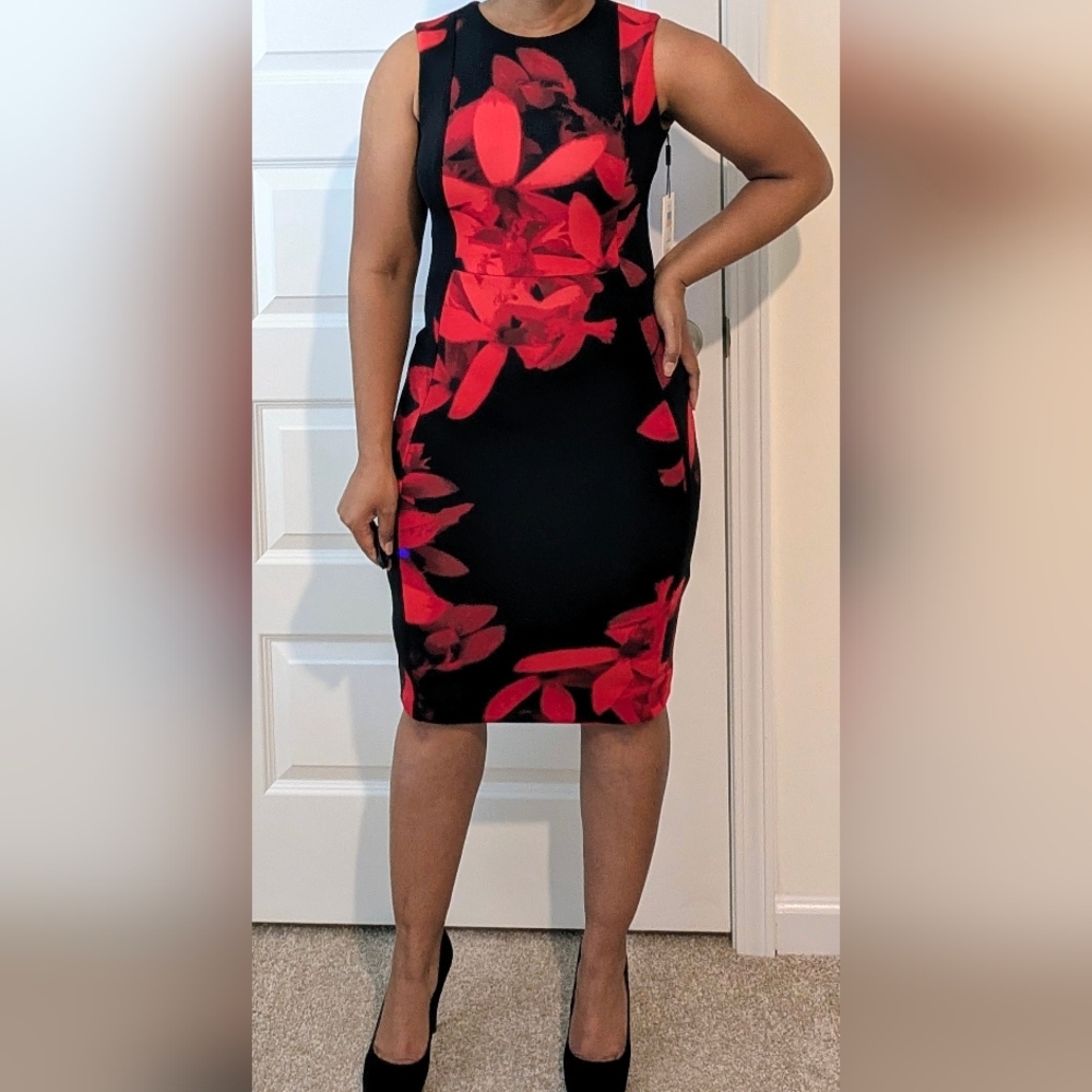 Calvin Klein Black and Red Floral Midi Dress